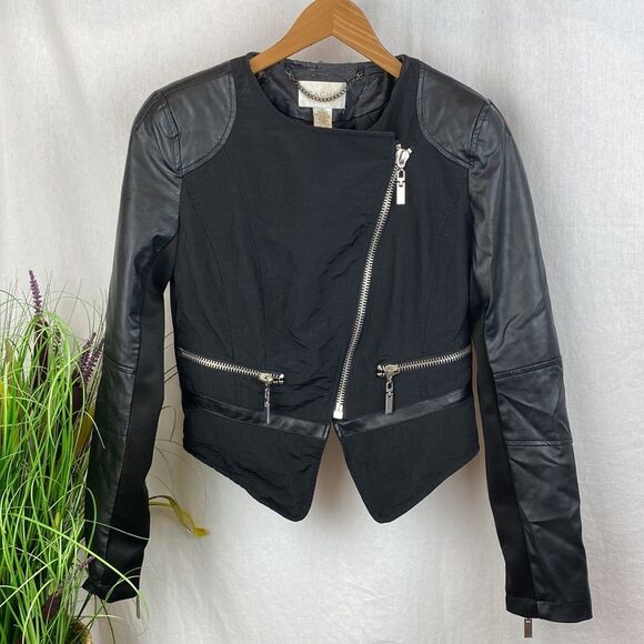 Cache Black Vegan Faux Leather Cropped Collarless Moto Zip Jacket XS - Picture 1 of 6